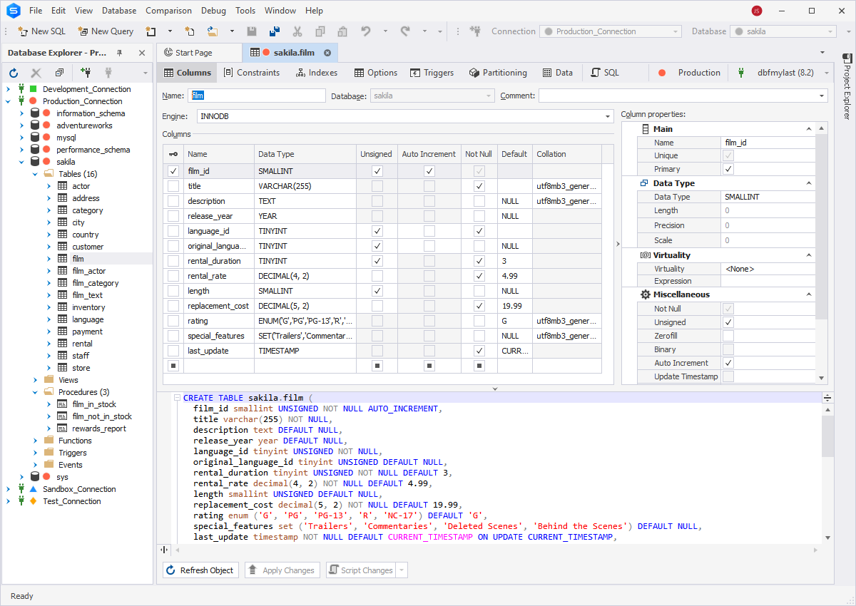 dbForge Studio for MySQL - Tabellen-Designer