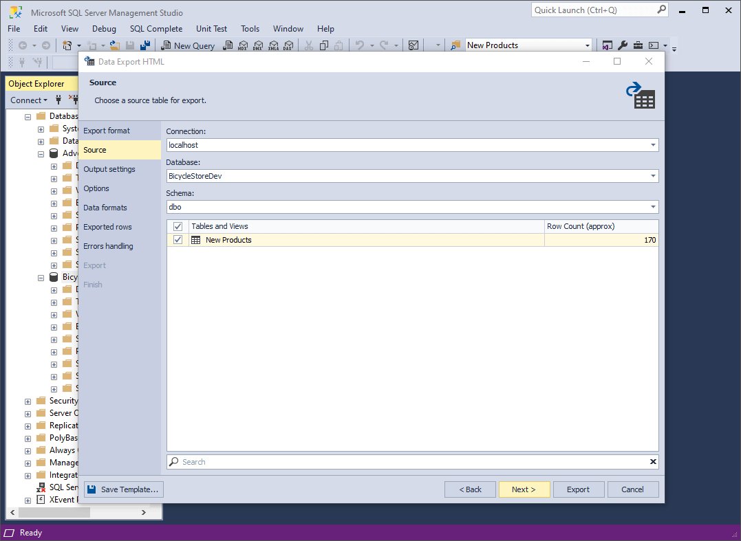Configure the Source export settings