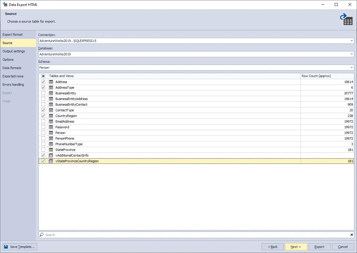 Data Pump for SQL Server - Auswahl der zu exportierenden Daten